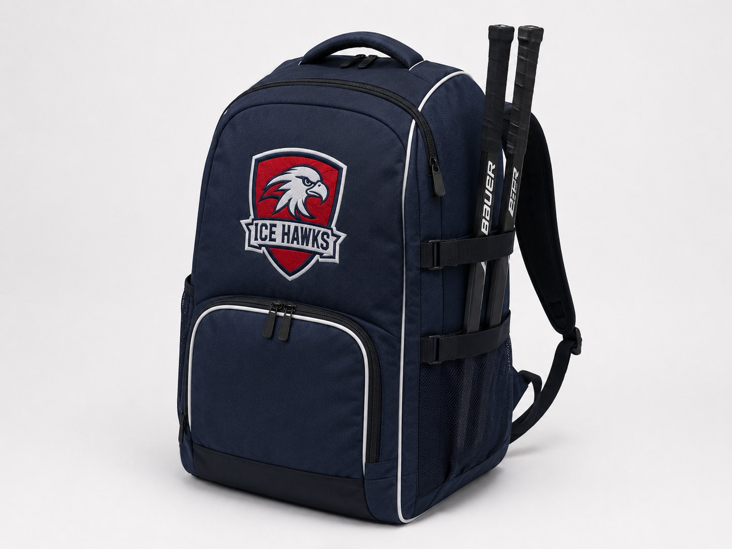 Custom embroidered hockey backpack with stick holder loops for youth players
