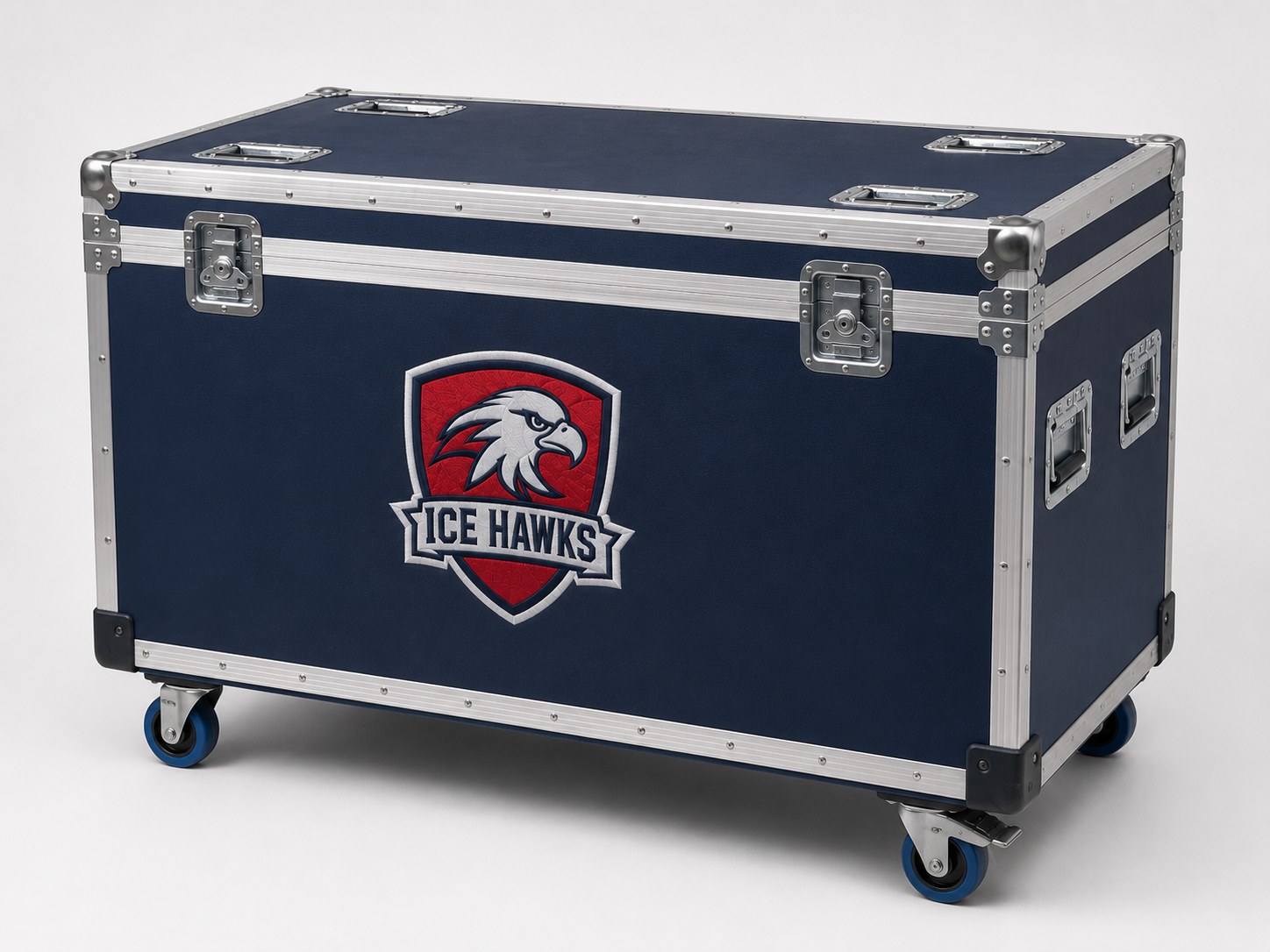 Custom embroidered team equipment trunk for shared hockey gear and bench supplies
