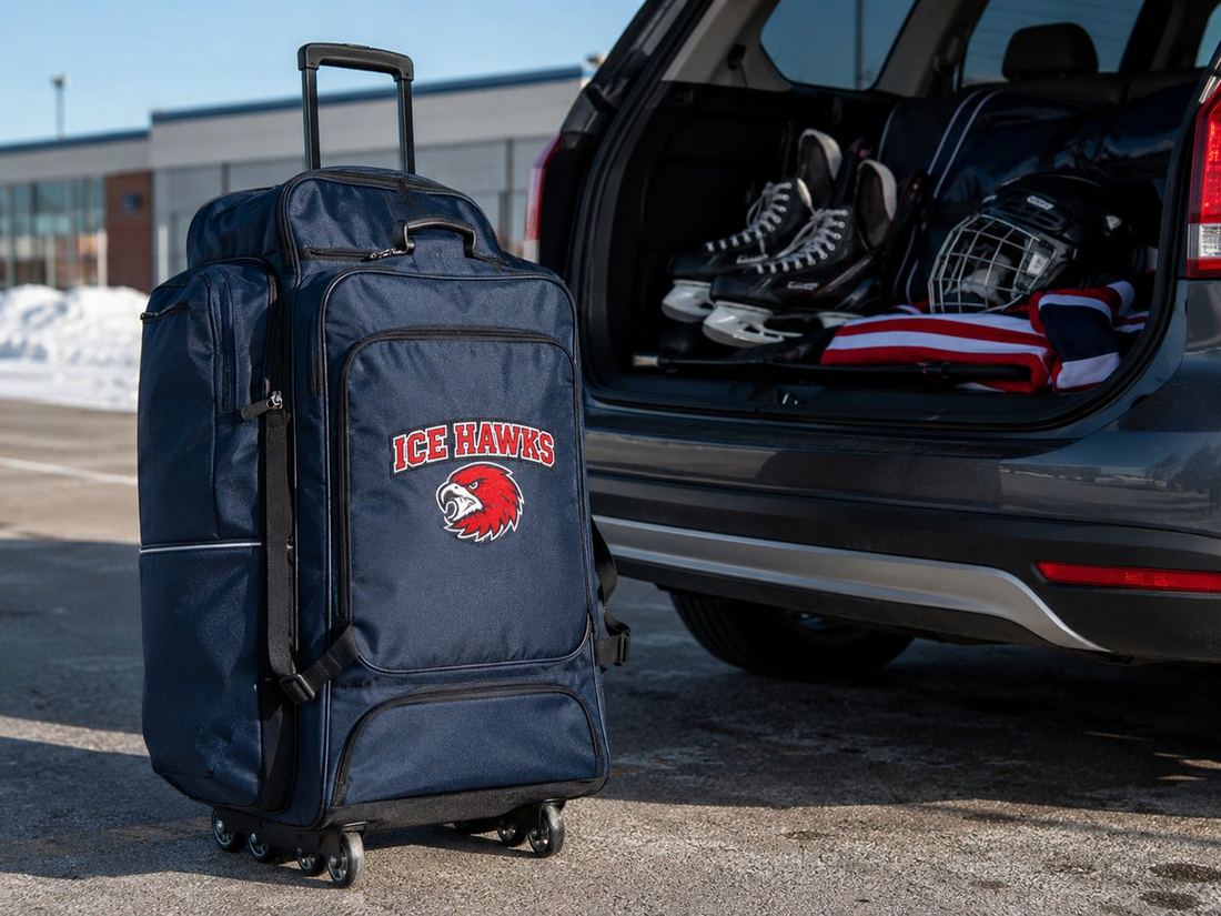 Custom embroidered wheeled hockey bag with telescoping handle for tournament travel