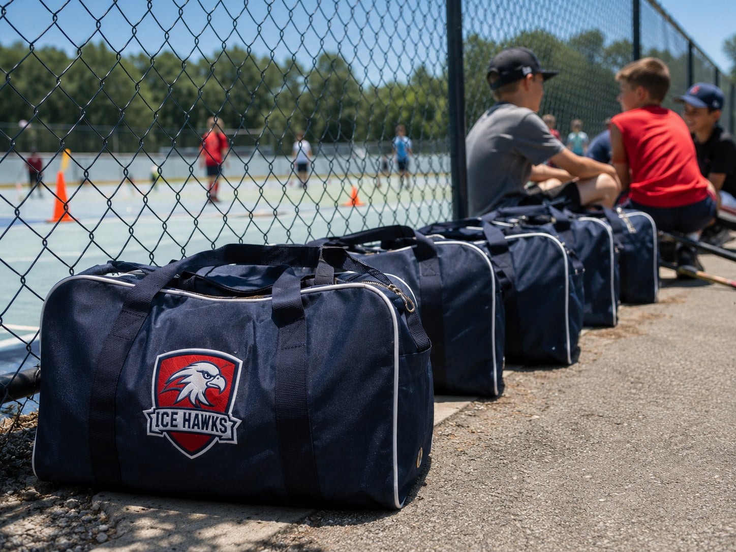 Stack of custom hockey bags for a summer hockey camp