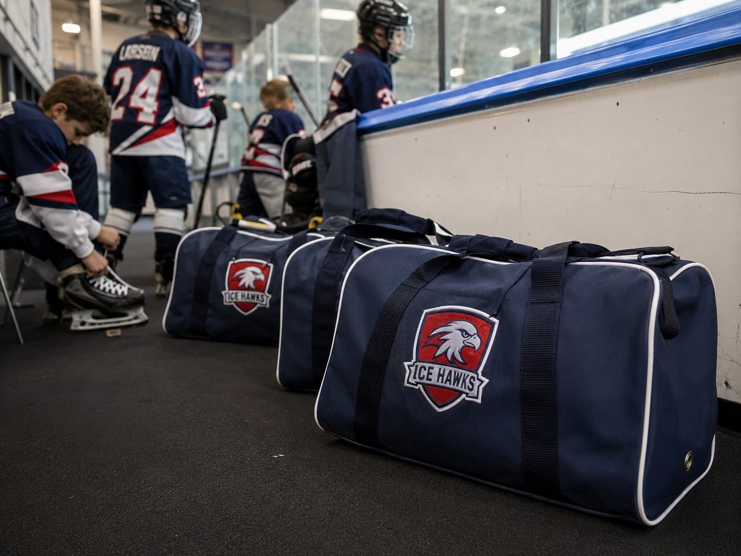 Custom embroidered hockey bag for a youth hockey team on the bench